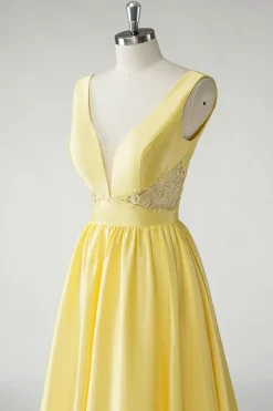 Amarelo A Line Deep V-Neck Long Prom Dress