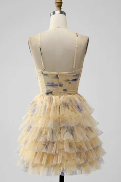 Amarelo A Line Halter Tiered Vestido Curto Tulle Homecoming