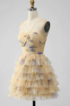 Amarelo A Line Halter Tiered Vestido Curto Tulle Homecoming