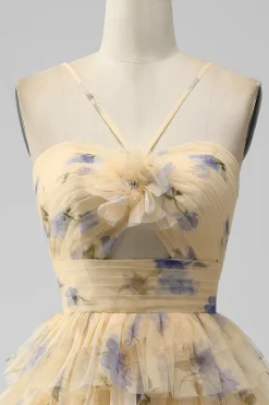 Amarelo A Line Halter Tiered Vestido Curto Tulle Homecoming