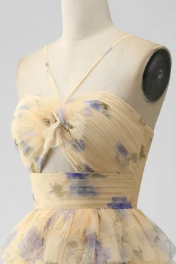 Amarelo A Line Halter Tiered Vestido Curto Tulle Homecoming