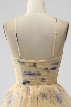Amarelo A Line Halter Tiered Vestido Curto Tulle Homecoming