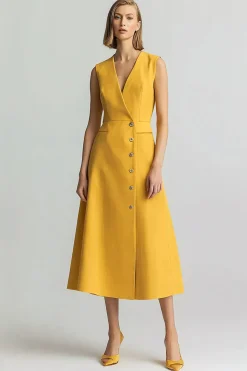 Amarelo A Linha V Pescoço Vestido de Trabalho