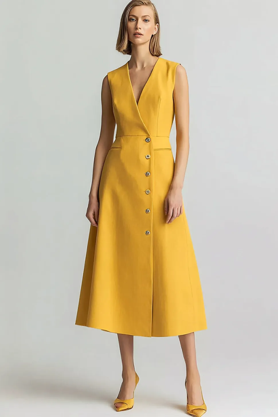 Amarelo A Linha V Pescoço Vestido de Trabalho