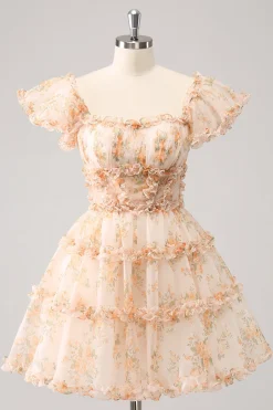 Amarelo A-Line babado tule floral estampa Homecoming Dress