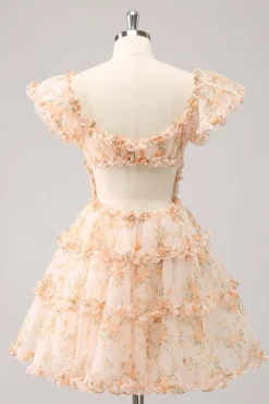 Amarelo A-Line babado tule floral estampa Homecoming Dress