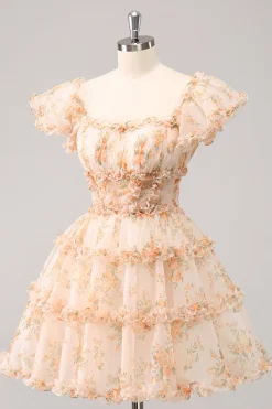 Amarelo A-Line babado tule floral estampa Homecoming Dress