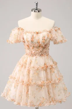 Amarelo A-Line babado tule floral estampa Homecoming Dress