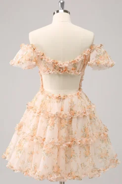 Amarelo A-Line babado tule floral estampa Homecoming Dress