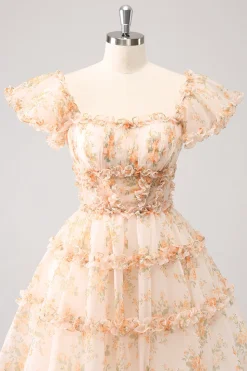 Amarelo A-Line babado tule floral estampa Homecoming Dress