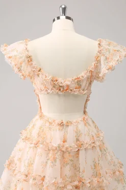 Amarelo A-Line babado tule floral estampa Homecoming Dress