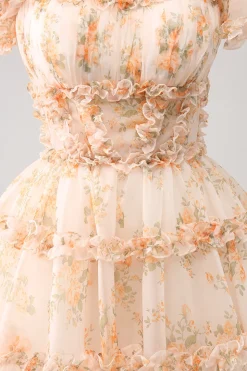 Amarelo A-Line babado tule floral estampa Homecoming Dress