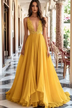 Amarelo A-Line Deep V Neck Tulle Long Prom Dress com Appliques