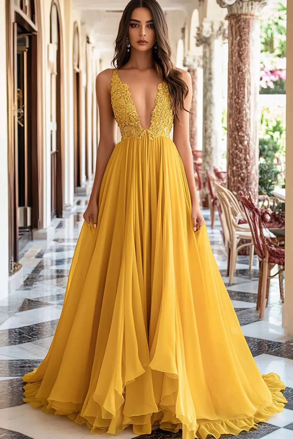 Amarelo A-Line Deep V Neck Tulle Long Prom Dress com Appliques