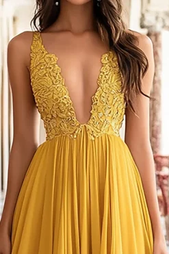 Amarelo A-Line Deep V Neck Tulle Long Prom Dress com Appliques