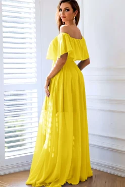 Amarelo A-Line fora do ombro babado vestido formal longo com fenda