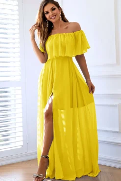 Amarelo A-Line fora do ombro babado vestido formal longo com fenda
