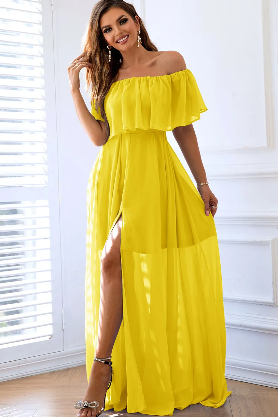 Amarelo A-Line fora do ombro babado vestido formal longo com fenda