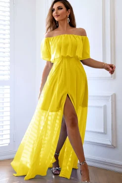 Amarelo A-Line fora do ombro babado vestido formal longo com fenda