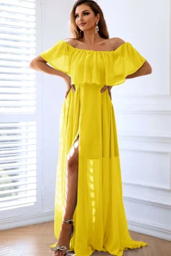 Amarelo A-Line fora do ombro babado vestido formal longo com fenda