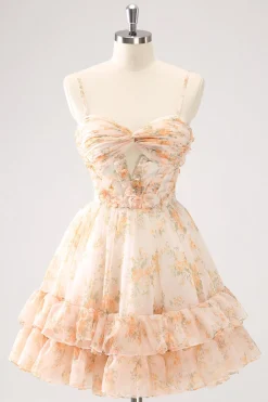 Amarelo A-Line Front Twist Vestido Curto Floral Homecoming Com Folhos
