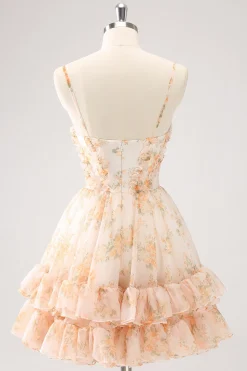 Amarelo A-Line Front Twist Vestido Curto Floral Homecoming Com Folhos