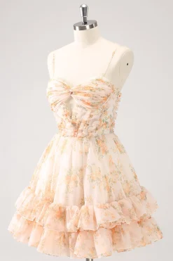 Amarelo A-Line Front Twist Vestido Curto Floral Homecoming Com Folhos