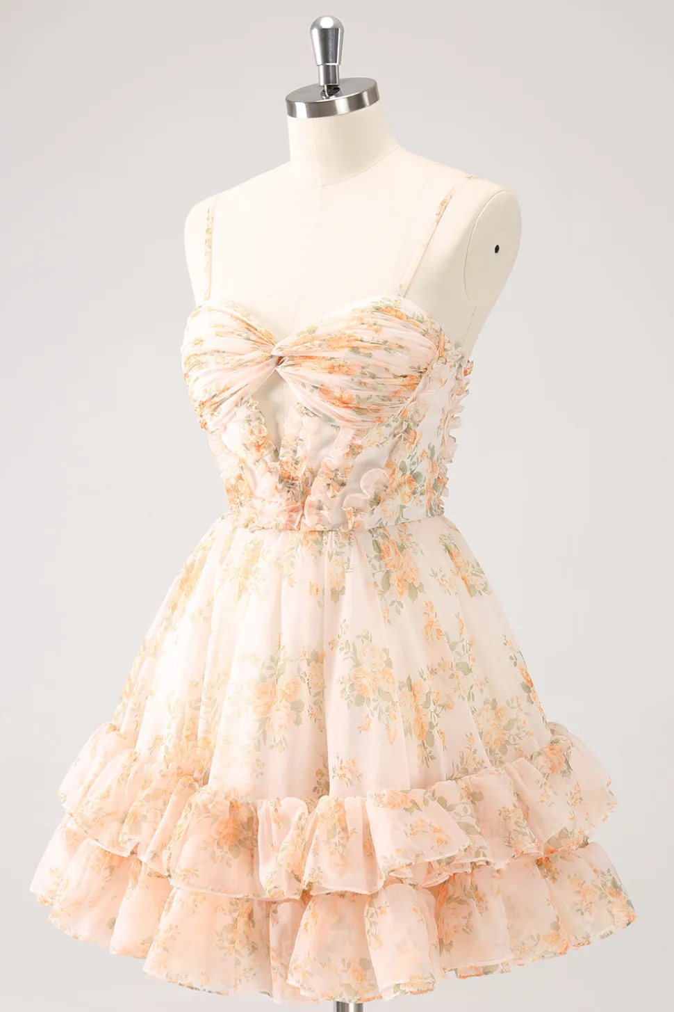 Amarelo A-Line Front Twist Vestido Curto Floral Homecoming Com Folhos