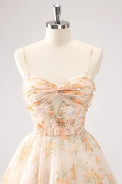 Amarelo A-Line Front Twist Vestido Curto Floral Homecoming Com Folhos