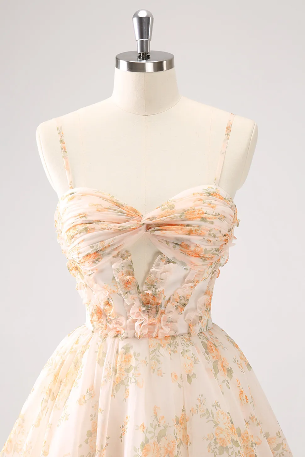 Amarelo A-Line Front Twist Vestido Curto Floral Homecoming Com Folhos