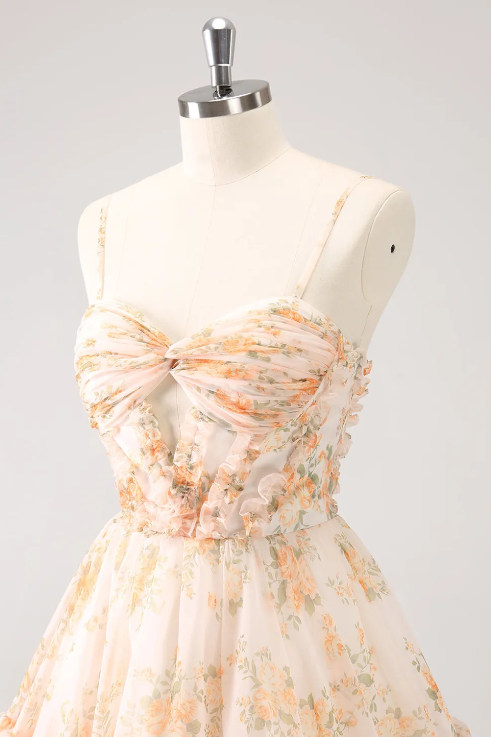 Amarelo A-Line Front Twist Vestido Curto Floral Homecoming Com Folhos