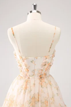 Amarelo A-Line Front Twist Vestido Curto Floral Homecoming Com Folhos