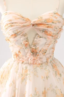 Amarelo A-Line Front Twist Vestido Curto Floral Homecoming Com Folhos