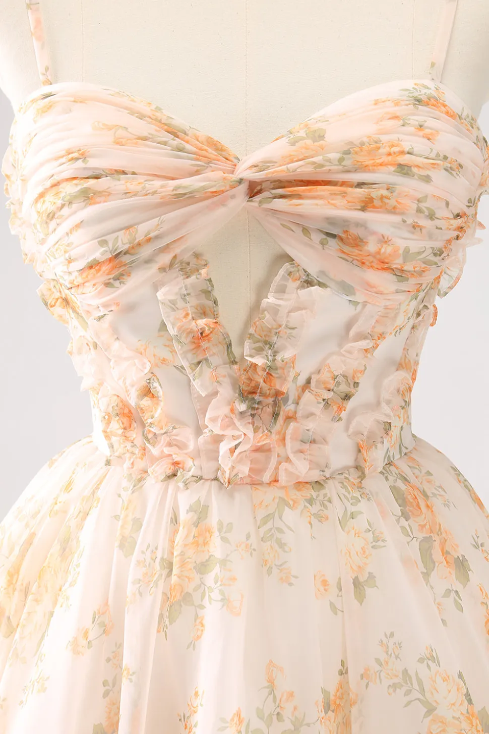 Amarelo A-Line Front Twist Vestido Curto Floral Homecoming Com Folhos