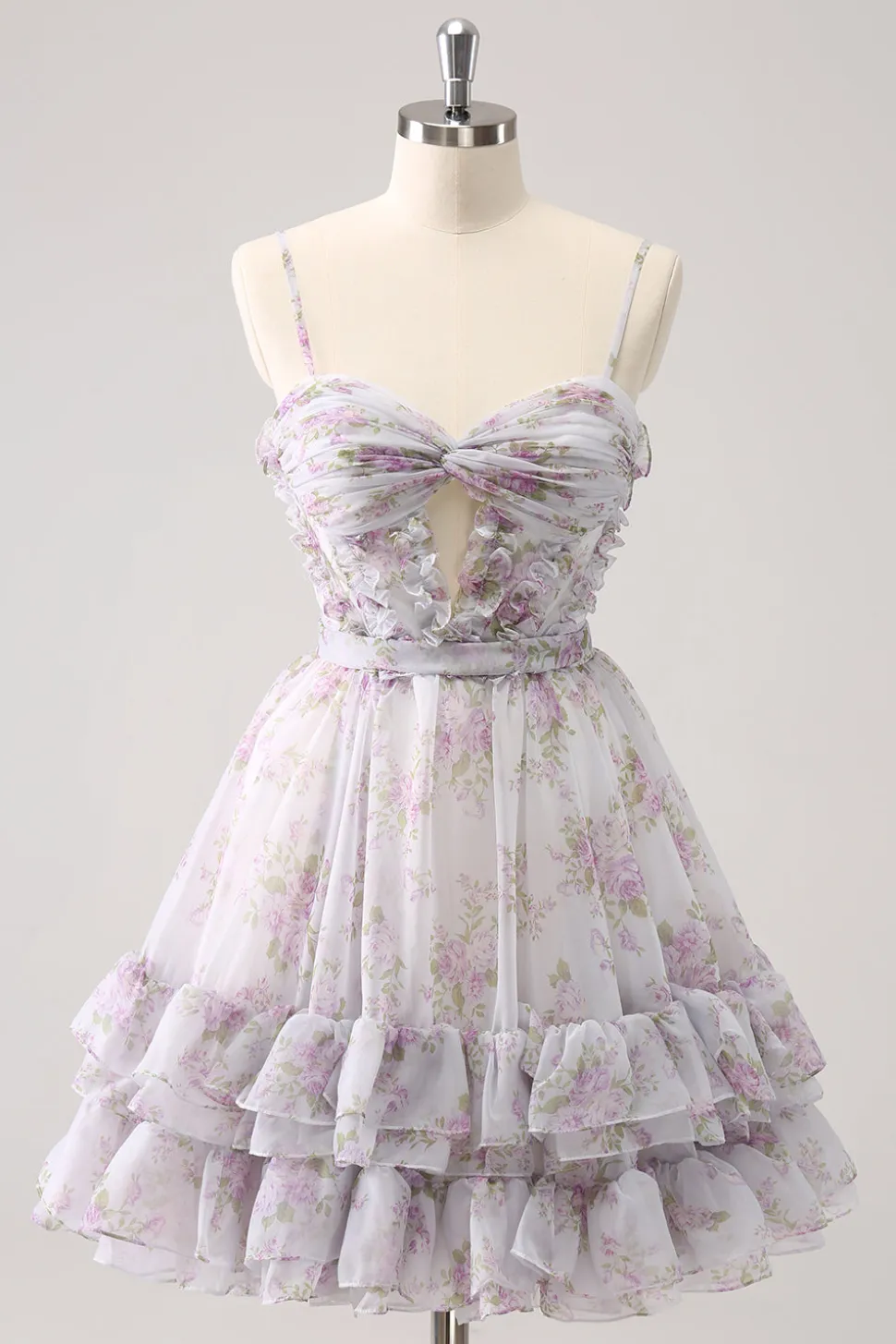 Amarelo A-Line Front Twist Vestido Curto Floral Homecoming Com Folhos