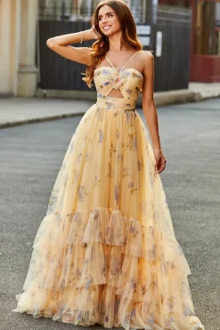 Amarelo A-Line Halter plissado tule tiered longo vestido de baile com bordado