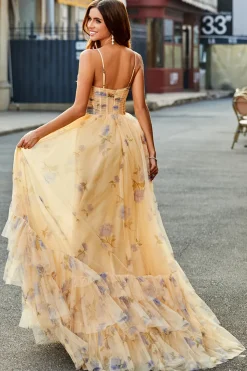 Amarelo A-Line Halter plissado tule tiered longo vestido de baile com bordado