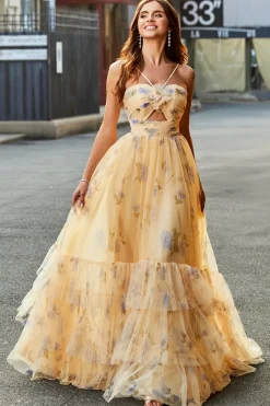 Amarelo A-Line Halter plissado tule tiered longo vestido de baile com bordado