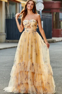 Amarelo A-Line Halter plissado tule tiered longo vestido de baile com bordado