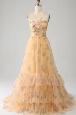 Amarelo A-Line Halter plissado tule vestido de baile com bordado