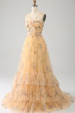 Amarelo A-Line Halter plissado tule vestido de baile com bordado