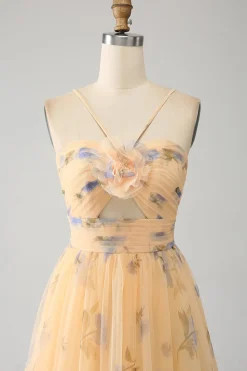 Amarelo A-Line Halter plissado tule vestido de baile com bordado