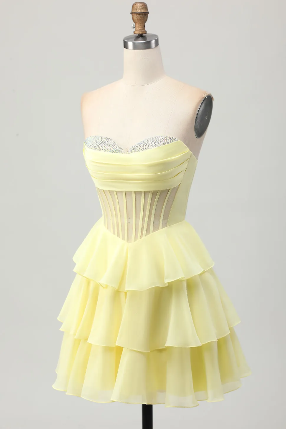 Amarelo A-Line Strapless Tiered Corset Homecoming Vestido com Missangas