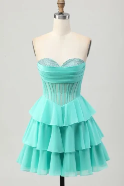 Amarelo A-Line Strapless Tiered Corset Homecoming Vestido com Missangas