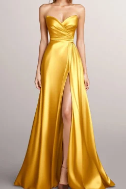 Amarelo A-Line Strapless Wrap Ruched cetim longo vestido formal com fenda