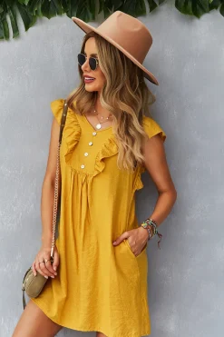 Amarelo Boho Vestido de Verão Com Babados