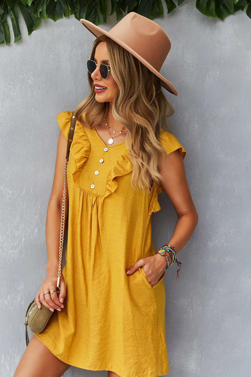 Amarelo Boho Vestido de Verão Com Babados