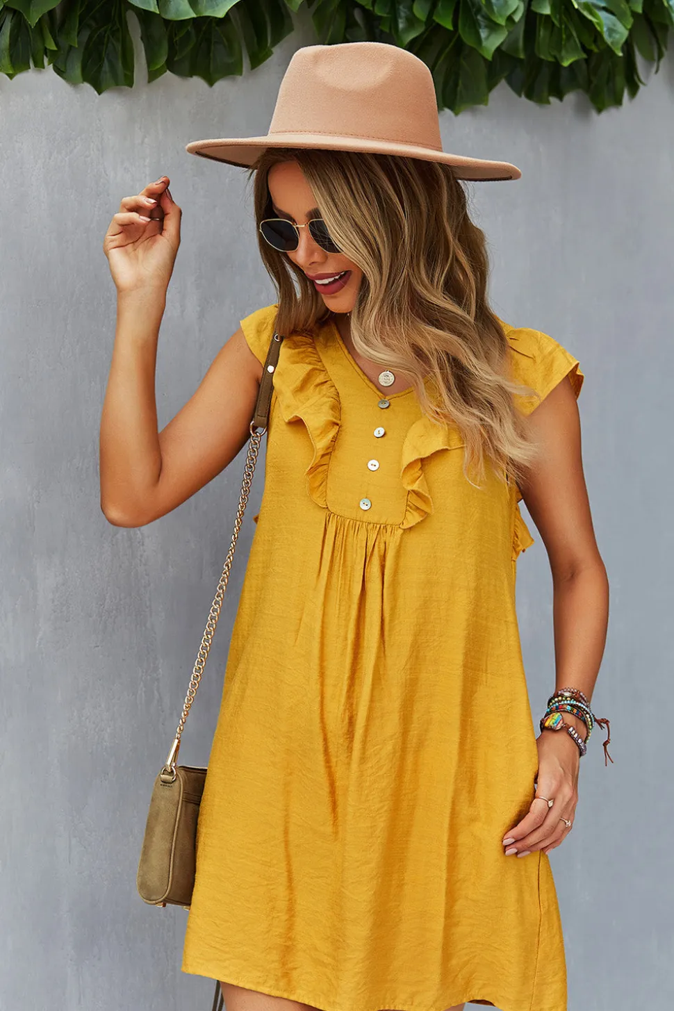 Amarelo Boho Vestido de Verão Com Babados