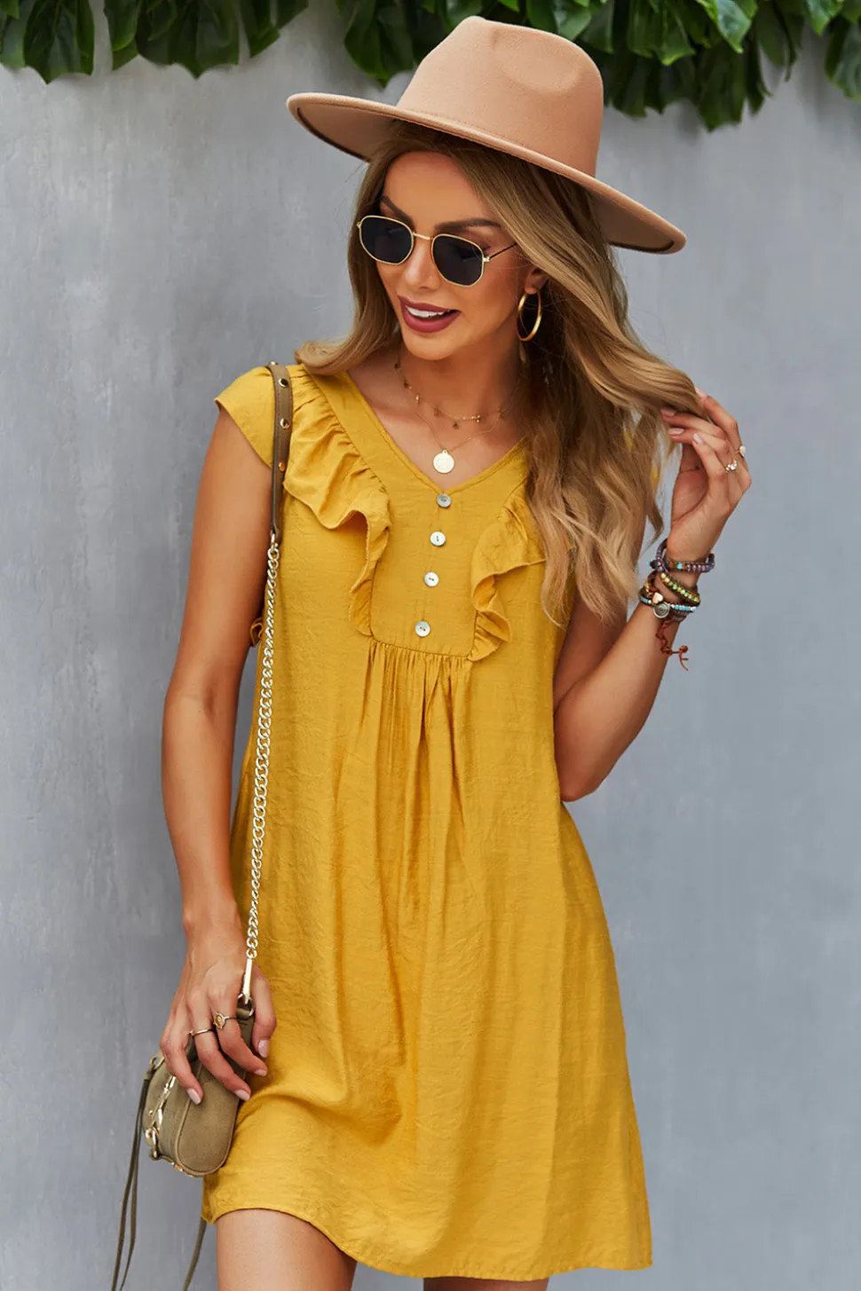 Amarelo Boho Vestido de Verão Com Babados