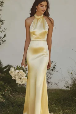 Amarelo Claro Cabeçada Sereia Cetim Longo Vestidos Cerimónia